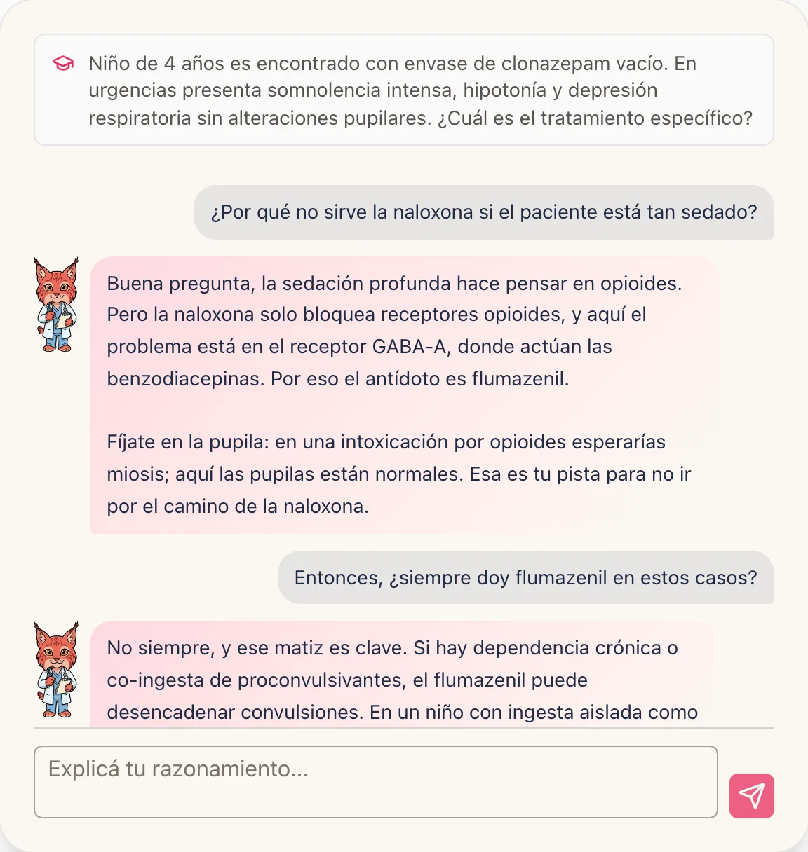 Captura de la app: Camila pregunta a Mira por qué la naloxona no sirve aquí, y Mira le señala la pista en las pupilas.