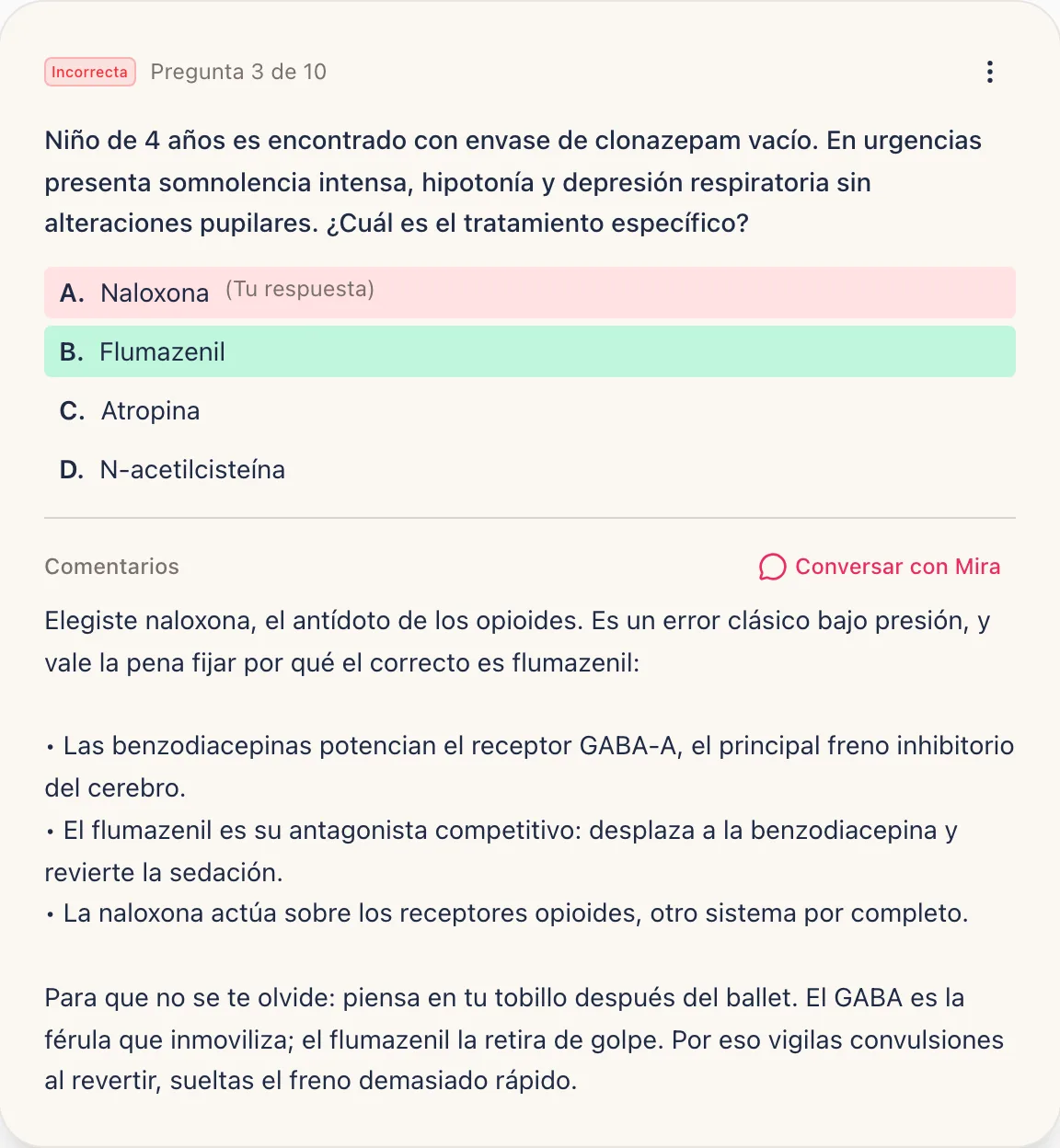 Captura de la app: la pregunta que Camila falló con la lección completa, punto por punto, anclada a su lesión de ballet.